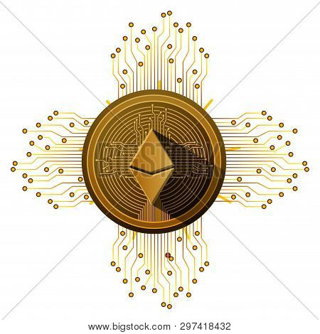 Cryptocurrency Etherum Coin With Circuit Lines Vector Illustration Design