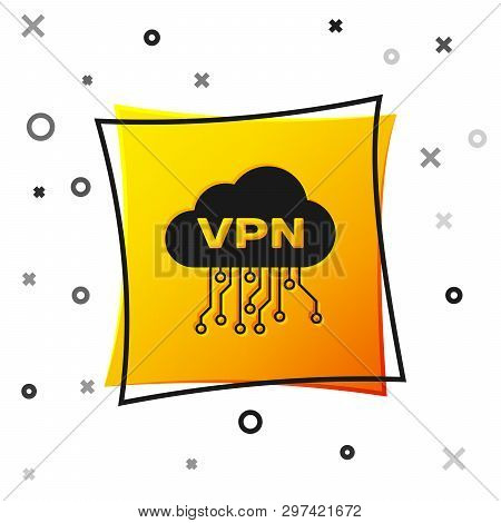 Black Cloud Vpn Interface Icon Isolated On White Background. Software Integration. Yellow Square But
