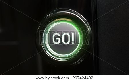 Entrepreneurship Concept. Action Button With Text Go, Black Background And Green Light.