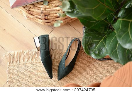 Heel Shoes And Casual Keds. Stylish Shoes On Woodern Floor. Ladys Fashinable Footwear. Shoes For War