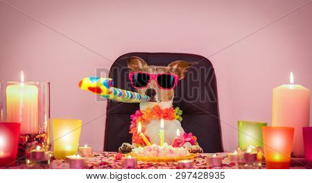 Happy Jack Russell Dog Having A Party With Serpentine Streamers, For  Birthday  And Blowing A Whistl