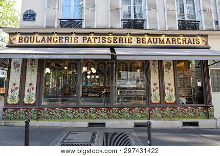 Paris, France-april 20, 2019 : The French Traditional Bakery And Pastry Shop Beaumarchais Located On
