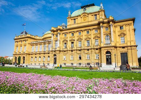 Zagreb, Croatia - April, 2018: The Historical Building Of The  Croatian National Theatre In A Beauti