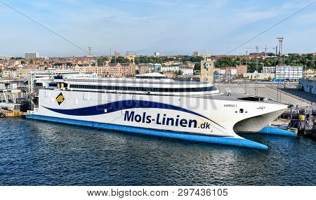 Aarhus, Denmark - July 20, 2017: The High-speed Ferry Express 1 Of The Shipping Company Molslinjen I