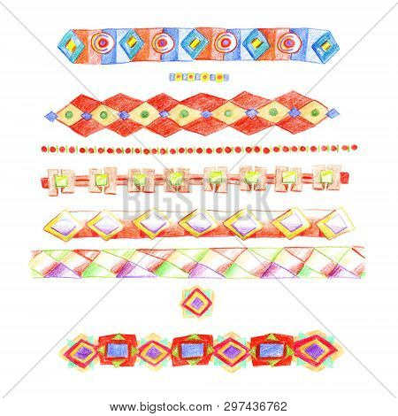 Stripes Of Multicolored Ethnic Ornaments Hand-drawn With Colored Pencils With Rhombuses And Chains, 