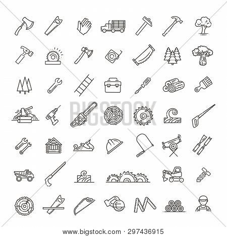 Logging, Sawmill Line Icons. Instruments For Working With Wood