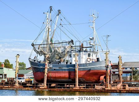 Fishing Boat In A Shipyard In Büsum On The North Sea In Germany