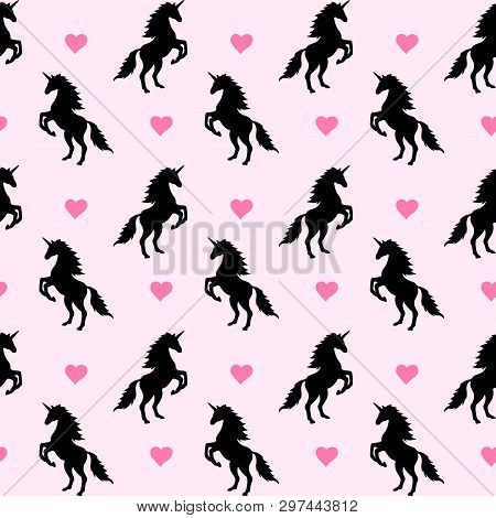 Vector Seamless Pattern With Black Silhoette Hand Drawn Flat Unicorn Horses And Hearts Isolated On P
