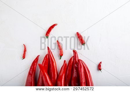 Fire Of Red Pepper On White Background. Top View,  Copy Space, Flat Lay, Close-up. Ramiro And Chili 