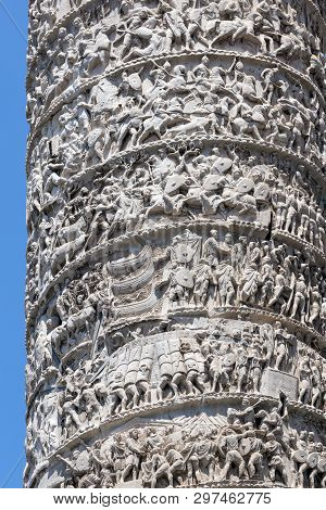 Architectural Detail From Of Ancient Marcus Aurelius Column In Front Of Palazzo Chigi In City Of Rom