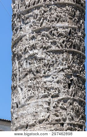 Architectural Detail From Of Ancient Marcus Aurelius Column In Front Of Palazzo Chigi In City Of Rom