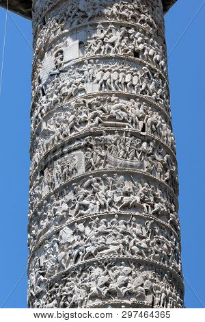 Architectural Detail From Of Ancient Marcus Aurelius Column In Front Of Palazzo Chigi In City Of Rom