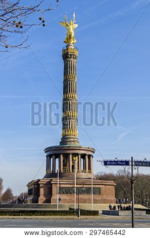 Berlin, Germany - February 17, 2019: The Victory Column With Iits Viewing Platform, A Base Of Polish