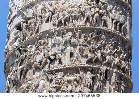 Architectural Detail From Of Ancient Marcus Aurelius Column In Front Of Palazzo Chigi In City Of Rom
