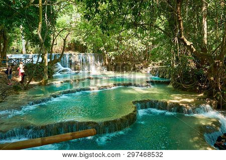 Luang Prabang. Laos. 04.20.2019. People Visit Kuangsi Waterfall.