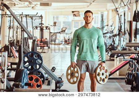Sportive Attractive Man In Green Training Shirt Is Doing His Exsercises In Gym With Weights.