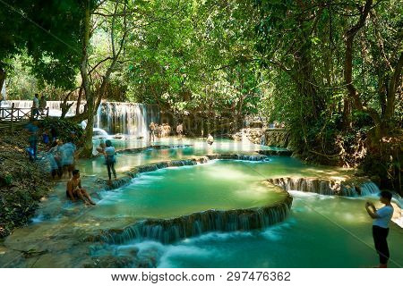 Luang Prabang. Laos. 04.20.2019. People Visit Kuangsi Waterfall.