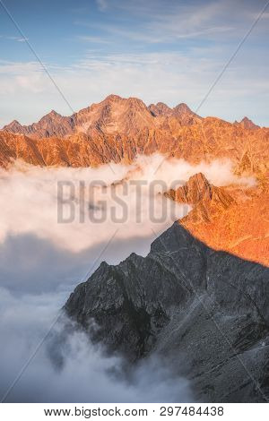 Mountains With Inversion At Sunset As Seen From Rysy Peak In High Tatras, Slovakia