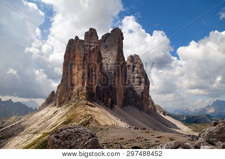 View Of Drei Zinnen Or Tre Cime Di Lavaredo With Beautiful Cloud On Sky, Sextener Dolomiten Or Dolom