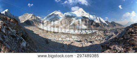 Evening Panoramic View Of Mount Everest Base Camp, Everest, Nuptse, Khumbu Glacier, Sagarmatha Natio