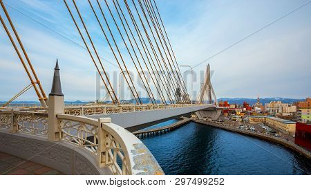 Aomori, Japan - April 23 2018: Aomori Bay Bridge Is A Cable-stayed Bridge. It Was Constructed In Ord
