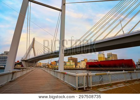 Aomori, Japan - April 23 2018: Aomori Bay Bridge Is A Cable-stayed Bridge. It Was Constructed In Ord