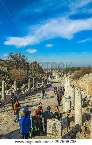 Selcuk, İzmir Province, Turkey - Dec 2015: Tourists Walking Along Curete Street In The Ruins Of Ephe