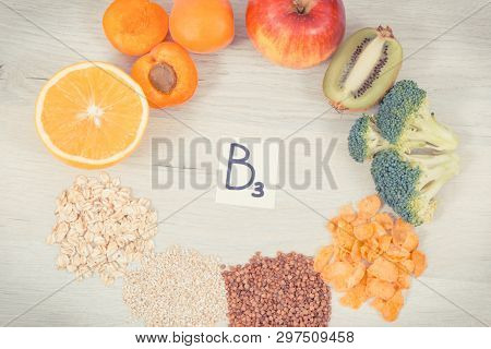 Inscription B3 And Nutritious Food As Source Vitamin B3, Dietary Fiber And Natural Minerals, Concept