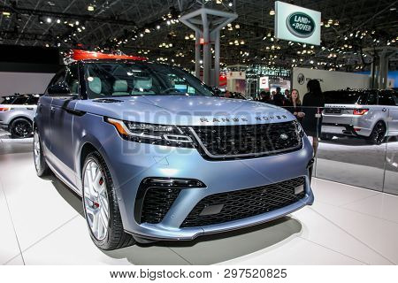 NEW YORK, NY, USA - APRIL 17, 2019: Range Rover Velar at the New York International Auto Show 2019, at the Jacob Javits Center. This was Press Preview Day One of NYIAS
