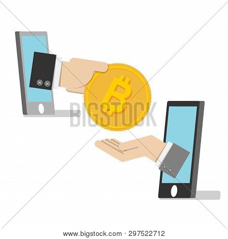 Vector Illustration. Business Man Hand From Smartphone Use Golden Bitcoin For Payment . Bitcoin Elec