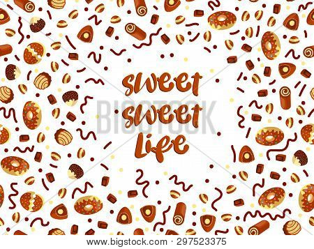 Chocolate Candy Frame Of Choco Candies On White Background. Chocolate Candy Banner, Top View, Flat L