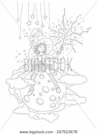 Cute Hand Draw Coloring Page With Fairy Girl Who Sits On The Moon And Holds A Magic Wand, Surrounded
