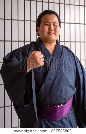 Tokyo, Japan - April 25 2018: Young Japanese Sumo Wrestler At Ryogoku Kokugikan (ryogoku Sumo Hall)