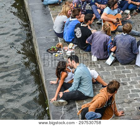 Gent, Belgium - Oct 6, 2018. Many People Enjoy On Waterfront In Gent, Belgium. Ghent (gent) Is One O