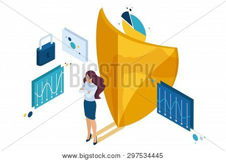 Isometric How To Ensure Full Safety Of Your Business, Lawyer Girl. Concept For Web Design.
