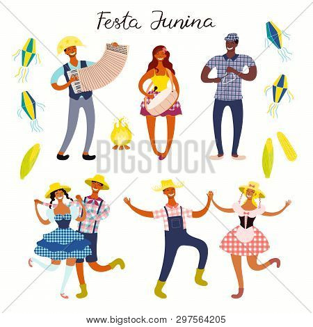 Festa Junina Set With Dancing People, Musicians, Lanterns, Bonfire, Corn, Portuguese Text. Isolated 
