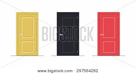 Set Of Closed Doors With Frame Isolated On White Background. Yellow, Dark Blue, Red Door. Front View