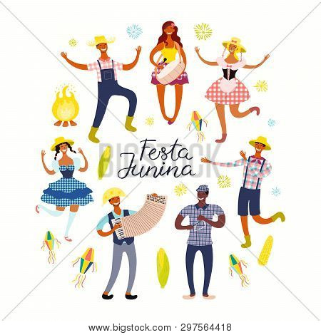 Festa Junina Poster With Dancing People, Musicians, Lanterns, Portuguese Text. Isolated Objects On W