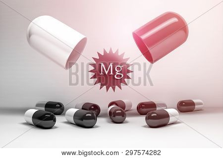 Mineral Magnesium Food Supplements. Large Medical Capsule With Mg Letters And Many Small Pills. 3d I