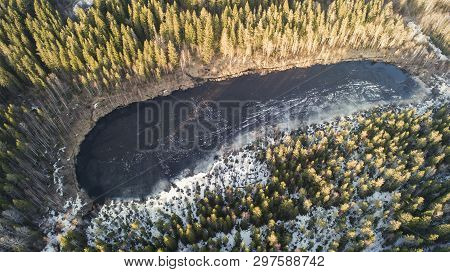Aerial View Of The Great Lake During Spring Day With Snow