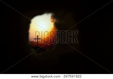 Empty Tomb With Cross Symbol For Jesus Christ Is Risen