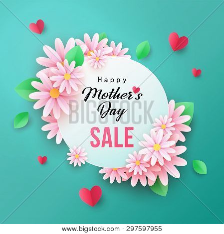 Нappy Mothers Day Sale Background With Beautiful Chamomile Flowers. Paper Cut Style. Spring Holiday 