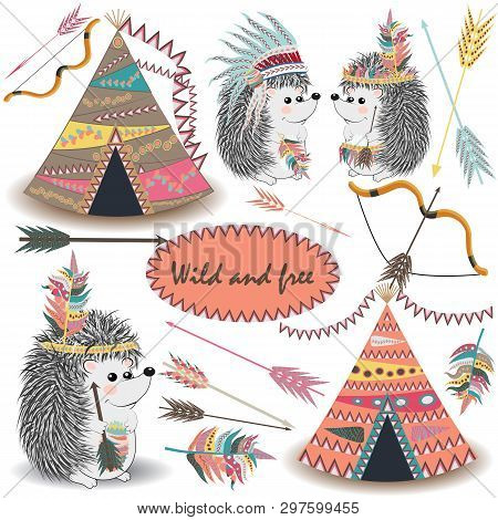 Tribal Collections Set With Teepee Tens, Arrows, Feathers, Tribal Borders, Indian Hedgehog And Feath