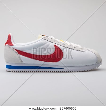 Vienna, Austria - August 7, 2017: Nike Classic Cortez Nylon Premium Qs White, Red And Blue Sneaker O