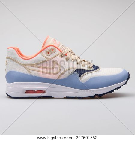 Vienna, Austria - August 7, 2017: Nike Air Max 1 Ultra 2.0 Si Beige, Blue And Orange Sneaker On Whit