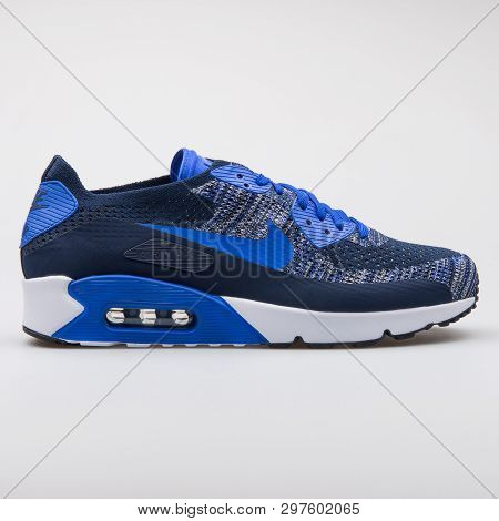 Vienna, Austria - August 7, 2017: Nike Air Max 90 Ultra 2.0 Flyknit Blue Sneaker On White Background
