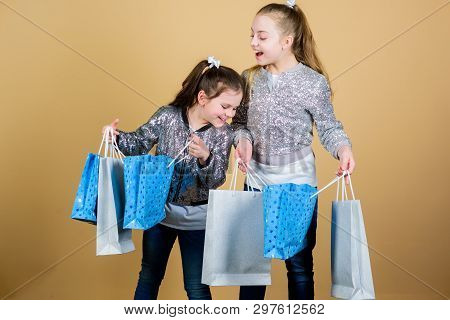 Sale And Discount. Shopping Day. Children Hold Bunch Packages. Kids Fashion. Expect More. Pay Less. 