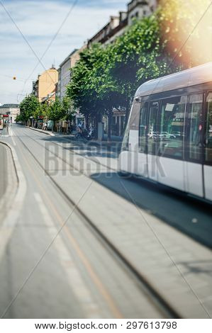 Strasbourg, France - Jun 2, 2012: New Modern Electric Tramway Arriving In Station Streets Avenues Of