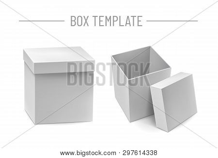 Opened Delivery Cardboard Box Mockup With Shadow. Closed Blank Packaging Box With Cap Isolated On Wh