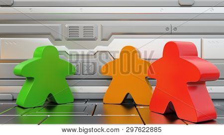 Meeples On A Spaceship. Board Games In A Fantastic Settings 3d Illustrations
